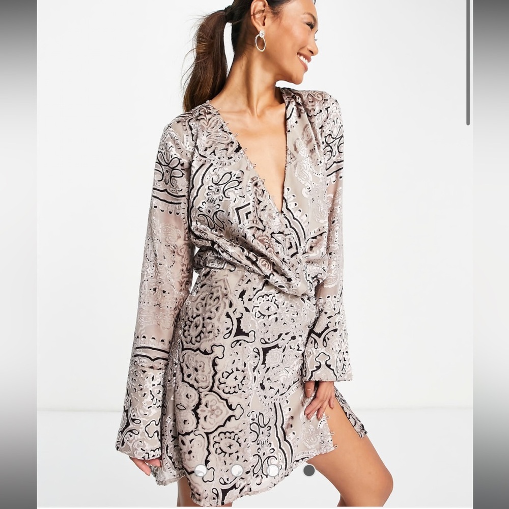 ASOS DESIGN Bias Cut Velvet Drape Wrap mini dress with Pattern
